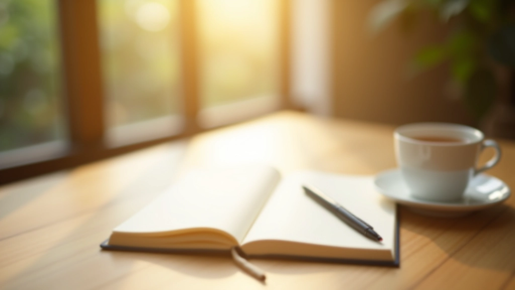 Journal and pen on wooden desk with morning sunlight showing daily mindfulness practice tracking